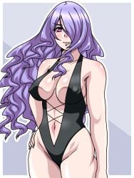 1girls black_one-piece_swimsuit black_swimsuit breasts camilla_(fire_emblem) center_opening covered_nipples female female_only fire_emblem fire_emblem_fates hair_over_one_eye inabakun00 large_breasts long_hair looking_at_viewer nintendo one-piece_swimsuit pink_eyes purple_hair smile solo swimsuit very_long_hair