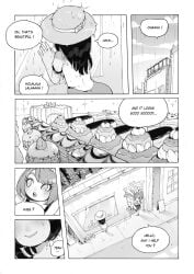 2girls black_and_white comic comic_page hourglass_figure hse medium_breasts original_character original_characters plant short_hair soft_shading tentacle text thighs