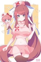 2girls alternate_costume belly blue_eyes blush bow_in_hair breasts brown_hair chibi crop_top cute doki_doki_literature_club female female_only green_eyes kotohatoko510 large_breasts looking_at_viewer midriff miniskirt monika_(doki_doki_literature_club) navel not_porn nurse nurse_cap nurse_uniform pink_crop_top pink_hair pink_skirt ponytail safe safe_for_work sayori_(doki_doki_literature_club) sfw short_hair skirt thighhighs white_bow wholesome