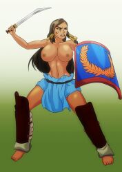 brown_eyes brown_hair dark-skinned_female egyptian gladiator gladiatrix holding_weapon large_breasts legwear long_hair overwatch pharah shield skirt sword wadevezecha