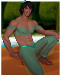 aladdin aladdin_(character) arab arab_male arabian boner crossdressing disney drawnpr0n erect_penis erection hard_on looking_at_viewer male male_only manly_crossdresser melanin middle_eastern middle_eastern_male muscles muscular muscular_male outdoors outside see-through_clothing sitting smiling_at_viewer veiny_penis