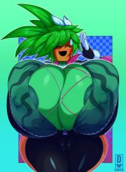 blaster_master blaster_master_zero_2 blush breast_focus daiidalus female huge_breasts intertwined_cleavage kanna_(blaster_master) large_areolae large_nipples nipples nipples_visible_through_clothing plant_girl plantie puffy_pussy sweatdrop tagme tight_clothing vhsdaii wide_hips