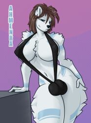 absurd_res ahmenra anthro big_breasts bikini bikini_bulge breasts bulge clothed clothing digital_media_(artwork) fur gynomorph hair hi_res intersex looking_at_viewer mammal polar_bear simple_background slingshot_bikini smile solo sparky- swimwear ursid ursine white_body white_fur