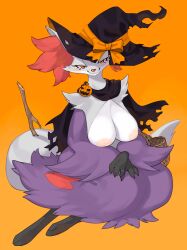 2022 absurd_res alternate_color anthro basket big_breasts biped black_body black_fur breasts claws clothing container delphox digital_media_(artwork) female finger_claws fur generation_6_pokemon grey_body grey_fur halloween hat headgear headwear hi_res kame_3 multicolored_body multicolored_fur nintendo nipples orange_background orange_eyes pokemon pokemon_(species) purple_body purple_fur red_body red_fur scarf shiny_pokemon simple_background solo video_games white_body white_fur witch_hat