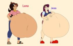 2girls belly big_belly comical_weapon female female_only gigantic_belly huge_belly jess_(comical_weapon) luna_(comical_weapon) massive_belly smile wink