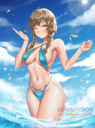 1girls amane_suzuha artist_name bikini blowing_kiss blue_bikini blue_sky braided_hair brown_hair criss-cross_halter female_only fluffy_hair frilled_bikini lens_flare outdoors porblee sea smile solo standing_in_water steins;gate swimsuit toned_female twin_braids water water_drop wink yellow_eyes