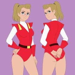 1girls 2010s 2019 adora back_view bare_legs blonde_female blonde_hair blue_eyes clothing cosplay crossover curvy female female_only front_view hand_on_ass hand_on_hip hand_on_own_ass hand_on_own_hip human jpeg leotard light-skinned_female light_skin long_hair looking_at_viewer looking_back morfinared ponytail princess_adora_(cosplay) purple_background red_leotard she-ra_and_the_princesses_of_power she-ra_princess_of_power shirt simple_background solo solo_female standing thick_thighs white_shirt