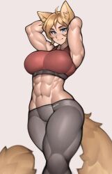 1girls 2022 abs animal_ears arms_behind_head big_breasts blonde_hair blue_eyes cat_ears cat_girl cat_tail female female_only freckles looking_at_viewer muscular muscular_female muscular_thighs original perrin_(perrincatte) roadi3 smiling_at_viewer solo sportswear tail very_high_resolution white_background