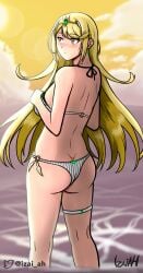 2022 ass beach bikini breasts embarrassed highres izai_ah izaiah_(artist) mythra nintendo sunset swimsuit thighs xenoblade_(series) xenoblade_chronicles_2