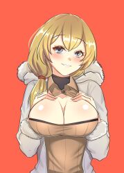 abincognito blonde_hair blue_eyes girls'_frontline hands_on_breasts hood hoodie jacket large_breasts mosin-nagant_(girls'_frontline) open_hoodie open_jacket side_ponytail sweater_dress