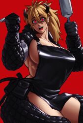 1girls absurd_res apron black_gloves blonde_hair cleavage dorohedoro gloves hi_res holding_object horns huge_breasts long_hair looking_at_viewer muscular muscular_female nikaido open_mouth red_background red_eyes sideboob simple_background solo sotcho thick_thighs