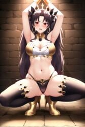 ai_generated angry armpits arms_up black_hair black_legwear black_panties blush boots bound bound_arms brick_wall cameltoe cleavage dungeon fate/grand_order fate_(series) full_body golden_boots high_heel_boots hoop_earrings imminent_rape ishtar_(fate) ishtar_(fate/grand_order) jewelry looking_at_viewer nai_diffusion navel panties red_eyes revealing_clothes squatting stable_diffusion