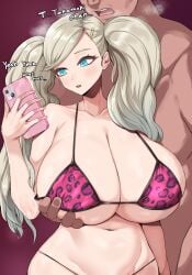 1boy 1girls absurd_res ann_takamaki atlus bikini blonde_hair blue_eyes bored breast_grab breasts cleavage cognitive_ann emotionless emotionless_female faceless_male female hi_res hips holding_object huge_breasts indifferent light-skinned_female light_skin long_hair male massive_breasts molestation persona persona_5 phone slim_waist speech_bubble suguru_kamoshida text tiger_drop twintails unamused unaware wide_hips