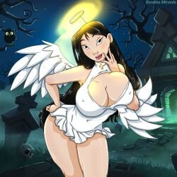 1girls angel angel_costume angel_wings asian_female big_breasts black_hair breasts cleavage_cutout disney disney_princess fa_mulan graveyard halloween halloween_costume huge_breasts looking_at_viewer medium_hair mshowllet mulan mulan_(1998_film) voluptuous