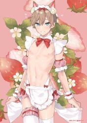 1boy animal_ears apron blue_eyes blush blush_lines blushing_at_viewer bow bowtie bridal_garter collarbone cowboy_shot crossdressing dated detached_sleeves earrings femboy feminine feminine_male food frills fruit jewelry looking_at_viewer maid_apron maid_headdress male male_focus male_only navel nipples original otoko_no_ko otokonoko panties parted_lips potti-p red_panties reverse_panties shiny shiny_hair shiny_skin short_hair short_sleeves solo solo_focus solo_male strawberry strawberry_blossoms teeth thighhighs thighs trap twitter_username underwear waist_apron white_apron white_thighhighs