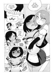 2girls bare_shoulders black_and_white blush bob_cut breasts closed_eyes comic comic_page dark_skin elbow_gloves female female_focus gloves hips hourglass_figure hse medium_breasts nipples no_bra original_character original_characters plant puffy_nipples questionable_consent short_hair soft soft_shading tan tentacle text thighs topless underboob yuri