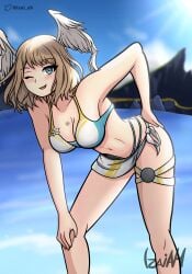 1girls 2022 ass beach bent_over big_breasts breasts busty cleavage eunie_(xenoblade) hand_on_hip hand_on_knee hand_on_own_knee highres izai_ah izaiah_(artist) large_breasts leaning_forward looking_at_viewer navel nintendo one_eye_closed pose posing sarong smile swimsuit tattoo thighs voluptuous wings wings_on_head wink xenoblade_(series) xenoblade_chronicles_3