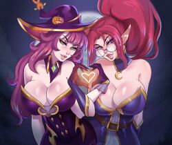 2girls bewitching_janna bewitching_nami big_breasts blush clothed clothing female female_only glasses gloves green_eyes halloween harrowing_series heart heart-shaped_pupils janna_windforce league_of_legends light-skinned_female light_skin lipstick long_hair mambolina multiple_girls nami_(league_of_legends) pink_hair pointy_ears purple_eyes purple_hair tales_from_the_rift_series witch witch_hat