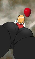 ass ass_focus balloon blue_bra bra cloud cloudy_sky clown from_below halloween highres huge_ass it_(stephen_king) non-web_source orange_hair pale_skin panties pantyhose pantylines pennywise pussy rule_63 self_upload shiny shiny_hair sky solo tank_top underwear