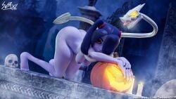 3d 3d_(artwork) big_butt blender blender_(software) breasts graveyard halloween hanging_breasts leviathan_(skullgirls) looking_at_viewer night nude pumpkin sebaxn skullgirls squigly video_games wallpaper