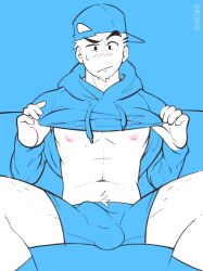 1boy abs blue_background blush brotex brotex_(character) bulge hoodie lifting_clothing male_only solo_male sweatdrop