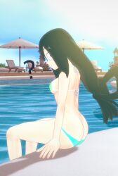 1girls 3d ass big_ass bikini black_hair female koikatsu long_hair looking_at_viewer my_hero_academia pool question_mark sitting spiritofrei sweat tsuyu_asui