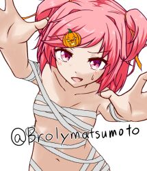 1girls arms_out brolymatsumoto_(artist) doki_doki_literature_club female halloween halloween_costume looking_at_viewer mummy mummy_costume mummy_wrappings natsuki_(doki_doki_literature_club) open_mouth pink_eyes pink_hair pumpkin solo white_background