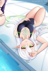 2girls braids clothed clothed_female elf elf_ears elf_female female genshin_impact gibb_san gradient_hair green_eyes leek light-skinned_female light_skin long_hair looking_at_viewer lying lying_on_back medium_breasts nahida_(genshin_impact) one-piece_swimsuit pointy_ears pool poolside radish raiden_shogun rukkhadevata_(genshin_impact) swimsuit thick_thighs water wet white_hair