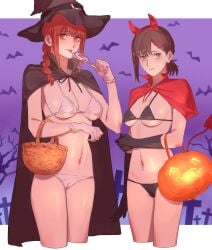 2girls big_breasts candy chainsaw_man drive_like_gesu female female_only halloween higashiyama_kobeni kichiemon light-skinned_female makima_(chainsaw_man) navel shounen_jump trick_or_treat underwear witch_hat