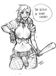 1futa areolae big_breasts big_penis breasts clothed clothing dialogue erection futa_only futadom futanari human ikebanakatsu league_of_legends monochrome nipples partially_clothed partially_retracted_foreskin penis short_hair sketch solo standing text tomboy uncut vi