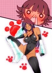 2girls bleach blood blush breasts cameltoe covered_erect_nipples dark-skinned_female dark_skin elbow_gloves female female_only female_pervert gloves grin large_breasts leotard long_hair multiple_girls navel no_bra nosebleed o_o pervert ponytail purple_hair sanazura_hiroyuki shihouin_yoruichi short_hair sideboob slit_pupils smile soifon spread_legs teacher_and_student thighhighs yellow_eyes yuri