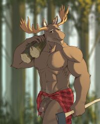 abs adiamantberyl anthro axe beard biceps big_penis capreoline cervid clothed clothing exposed facial_hair genitals hi_res holding_object looking_at_viewer lumber male mammal melee_weapon moose muscular nature navel nipples pattern_clothing pattern_shirt pattern_topwear pecs penis plaid plaid_clothing plaid_shirt plaid_topwear pubes shirt shirt_around_waist solo topless topwear vein veiny_penis weapon wood