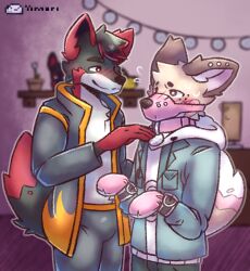 anthro blurred_background bodily_fluids bondage_gear bondage_gloves canid canine canis collar delsin_adashio duo fennec fox gag heart male male/male mammal muzzle_gag sweat unbread_yimori wolf yimori