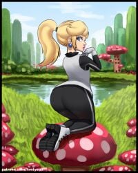 1girls ass background big_ass big_butt blonde_hair blue_eyes bodysuit boots clothed clothing female female_focus female_only gloves looking_at_viewer looking_back lustysun mario_(series) mario_and_sonic_at_the_olympic_games nintendo on_knees pants png princess_peach sfw shoe_soles shoes solo wetsuit yoga_pants