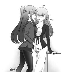 2girls after_kiss bow_in_hair breasts buisness_suit clothed_female eros fate/stay_night fate_(series) fingering fingering_through_clothes incest kissing leaning long_hair looking_at_partner matou_sakura medium_breasts monochrome office_lady pantsuit ponytail saliva_string siblings sisters standing tohsaka_rin yuri