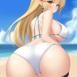 ai_generated ass ass_focus assofgoddess back bangs bare_shoulders beach bikini blonde_hair blue_sky blush breasts brown_eyes cloud cloudy_sky cowboy_shot day earrings elf eyebrows_visible_through_hair female from_behind horizon jewelry large_breasts long_hair looking_at_viewer looking_back mountain ocean original original_character outdoors pointy_ears ponytail sand shore sideboob sidelocks skindentation sky solo string_bikini swimsuit thighs very_long_hair water white_bikini yellow_eyes