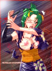 action_pose alternate_hair_color areola_slip big_breasts blood blush breasts_out cuts detached_sleeve dirty facial_scar female female_only gintama green_eyes green_hair hair_ornament hungkasai injury kimono kunai kunoichi no_bra obi one_eye_closed pain solo sweat tears tied_hair torn_clothes tsukuyo wounded