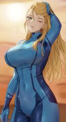 1girls amayo_thranana arms_up belly belly_button big_breasts blonde blonde_female blonde_hair blue_bodysuit blush blush_lines blushing blushing_at_viewer bodysuit breasts female female_focus female_only green_eyes hair_down head_tilt huge_breasts large_breasts light-skinned_female light_skin long_hair looking_at_viewer metroid mole mole_under_eye only_female parted_lips samus_aran skin_tight stomach sunset teeth thrananaart touching_hair zero_suit zero_suit_samus