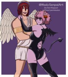 1boy 1girls angel_costume angel_wings bat_wings boots devil_costume devil_girl eijirou_kirishima halloween halloween_costume high_heel_boots high_heels madysenpaiart mina_ashido my_hero_academia succubus tail thick thighhighs wings