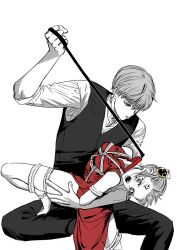 1boy 1girls anger_vein angry arms_behind_back bondage bukae bun_cover china_dress chinese_clothes collar female femsub fully_clothed gintama hair_ornament kagura_(gintama) leash leash_pull looking_at_another male maledom okita_sougo partially_colored red_dress rope rope_bondage sadism shinsengumi_(gintama) sitting sleeves_rolled_up small_breasts tongue_out uniform