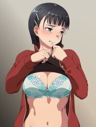 black_hair black_shirt blue_bra blush bra breast embarrassed female floral_print green_eyes kirigaya_suguha large_breasts puge red_sweater shirt_lift short_hair short_hair_female sword_art_online