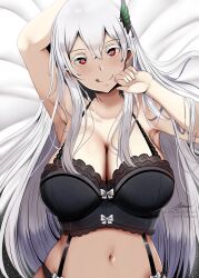 1girls armpits arms_up artist_signature astraea_(atelierastraea) before_sex belly_button big_breasts butterfly_hair_ornament cleavage echidna echidna_(re:zero) eyebrows_visible_through_hair female female_only hair_between_eyes hair_ornament heart heart-shaped_pupils lace-trimmed_bra lace_trim large_breasts licking_lips lingerie lingerie_only long_hair looking_at_viewer navel re:zero_kara_hajimeru_isekai_seikatsu red_eyes symbol-shaped_pupils tongue upper_body white_hair