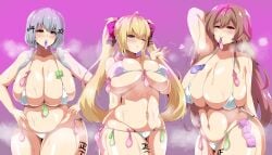 alternate_breast_size arms_up bangs belly belly_button big_ass big_breasts bikini blonde_hair blush brown_hair cielr18 cleavage condom condom_belt condom_in_mouth condom_wrapper eyebrows_visible_through_hair filled_condom furen_e_lustario grey_hair hair_ornament hakase_fuyuki heart huge_ass huge_breasts large_breasts long_hair looking_at_viewer low_twintails math navel nijisanji pink_background red_eyes ribbon steam steaming_body steamy_breath sweat sweaty takamiya_rion thick_thighs twintails underboob used_condom virtual_youtuber vtuber white_bikini