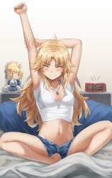 1girls ahoge alarm_clock alternate_hairstyle armpits arms_up artoria_pendragon bangs barefoot bed bedroom blonde blonde_eyebrows blonde_female blonde_hair blonde_hair_female blush blush_lines breasts breasts_apart cleavage clock closed_eyes closed_mouth collarbone crop_top denim denim_shorts fate/apocrypha fate/grand_order fate/stay_night fate_(series) female female_focus female_only full_body jewelry light-skinned_female light_skin lipstick_mark long_hair midriff mordred_(fate) mordred_(fate/apocrypha) navel necklace no_bra no_bra_under_clothes parted_bangs saber shirt short_shorts short_sleeves shorts sidelocks sitting sitting_on_bed small_breasts solo solo_female stretching stuffed_toy tonee unbuttoned_shorts underwear waking_up white_shirt yawn yawning