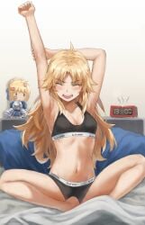 1girls ahoge alarm_clock alternate_hairstyle armpits arms_up artoria_pendragon bangs barefoot bed bedroom black_bra black_panties black_sports_bra black_underwear blonde blonde_eyebrows blonde_female blonde_hair blonde_hair_female blush blush_lines blushing bra breasts cleavage clock closed_eyes clothes_writing collarbone fate/apocrypha fate/grand_order fate/stay_night fate_(series) female female_focus female_only full_body jewelry light-skinned_female light_skin lipstick_mark long_hair mordred_(fate) mordred_(fate/apocrypha) navel necklace only_female open_mouth panties parted_bangs saber sidelocks sitting sitting_on_bed small_breasts solo solo_female sports_bra sportswear stretching stuffed_toy tonee underwear waking_up yawn yawning