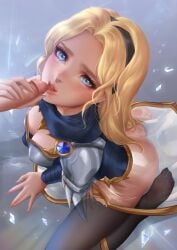 1boy 1girls blonde_hair blue_eyes embarrassed heheneko league_of_legends luxanna_crownguard penis penis_lick stockings stroking_penis tagme tongue_out