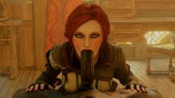 1boy 1girls 3d animated blowjob cd_projekt_red dark-skinned_male dark_skin deepthroat eye_contact fellatio interracial no_gag_reflex oral pov saveass_ tagme the_witcher_(series) the_witcher_2 triss_merigold