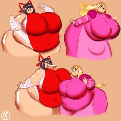 arm_bandages blonde_hair brown_hair fat fat_ass gammanaut glasses huge_ass huge_breasts huge_butt massive_ass massive_breasts obese pink_dress red_dress