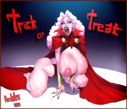 1girls 2022 all_fours barefoot big_breasts breasts_out cape exposed_breasts full_body halloween holidays huge_breasts long_hair looking_at_viewer nipples open_mouth pointy_ears red_eyes rekks trick_or_treat vampire voluptuous