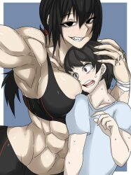 1boy 1boy1girl 1girls abs armpits big_breasts big_dom_small_sub black_eyes black_hair blue_background blush breasts face_in_breasts fangs freckles freckles_on_chest freckles_on_face freckles_on_shoulders light-skinned_female light-skinned_male light_skin long_hair looking_at_viewer muscle muscles muscular muscular_female open_mouth original ponytail scar scar_on_arm simple_background smaller_male smirk smirking sports_bra sportswear sweat sweatdrop takano_togainu_(zokosuke) taking_picture tomboy veins zokusuke